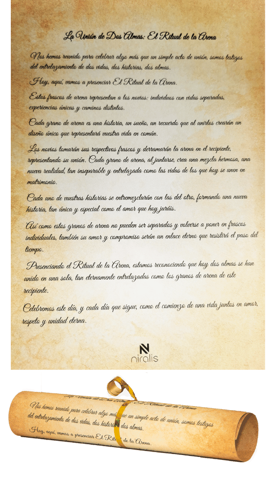 Puedes descargar gratis el texto para el ritual de la arena de bodas. El texto contiene las palabras que se pueden decir en la ceremonia de la arena por parte del maestro de ceremonia o algún invitado.