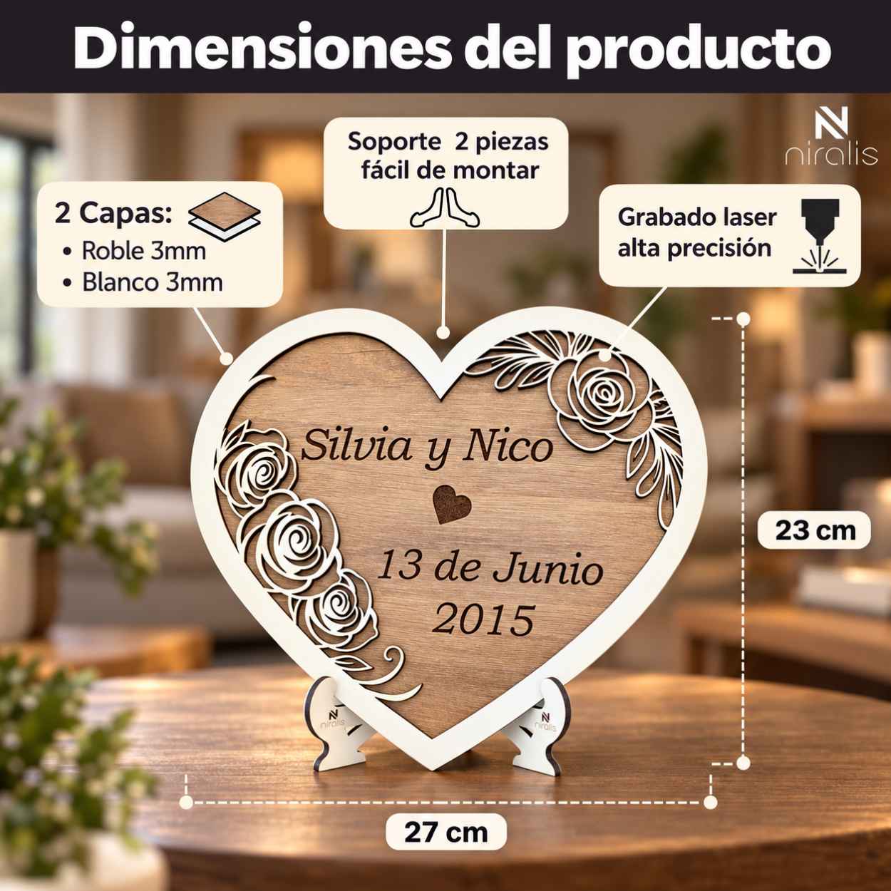 Dimensiones del corazón de madera personalizado para aniversario de boda