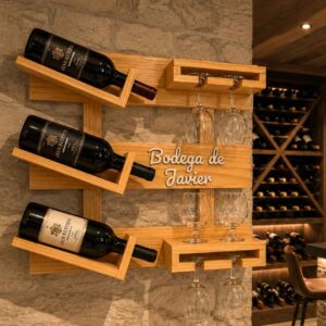 Botellero de madera personalizado para vino con soporte para 8 copas