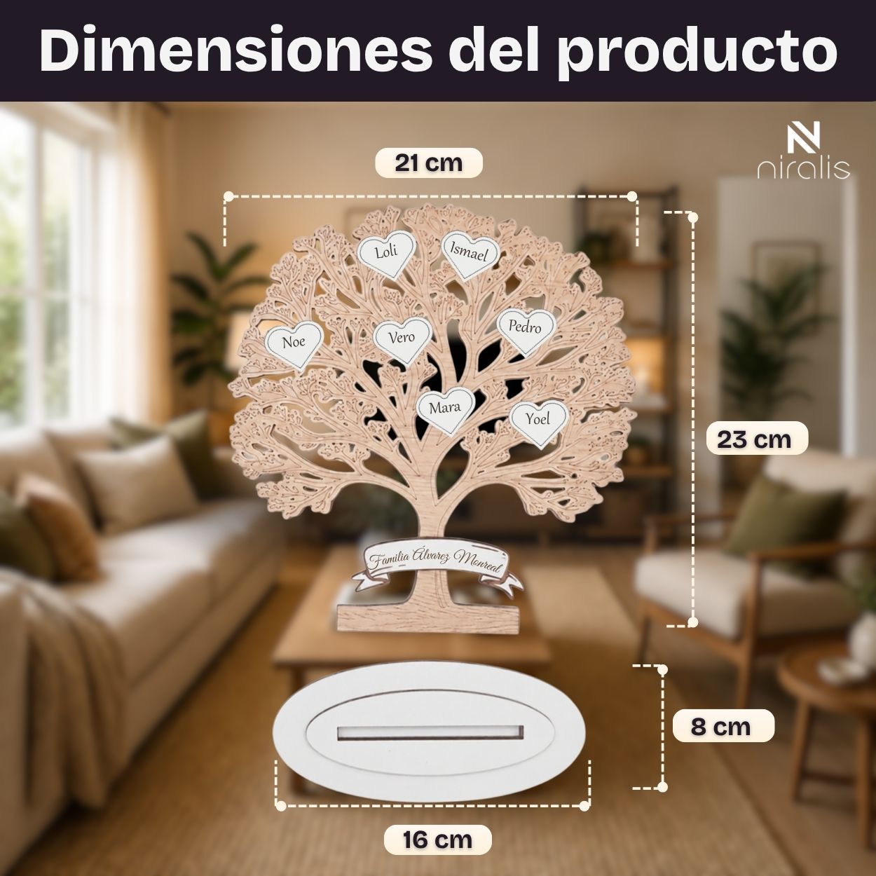 Medidas del Árbol de la Vida personalizado de madera con base