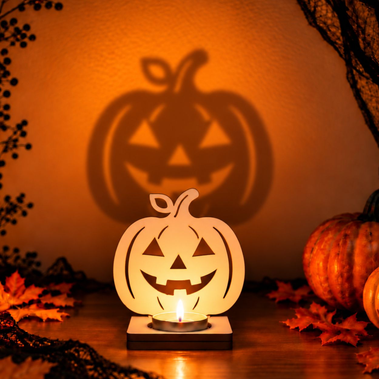 Decoración Halloween de madera modelo calabaza con vela y sombra proyectada