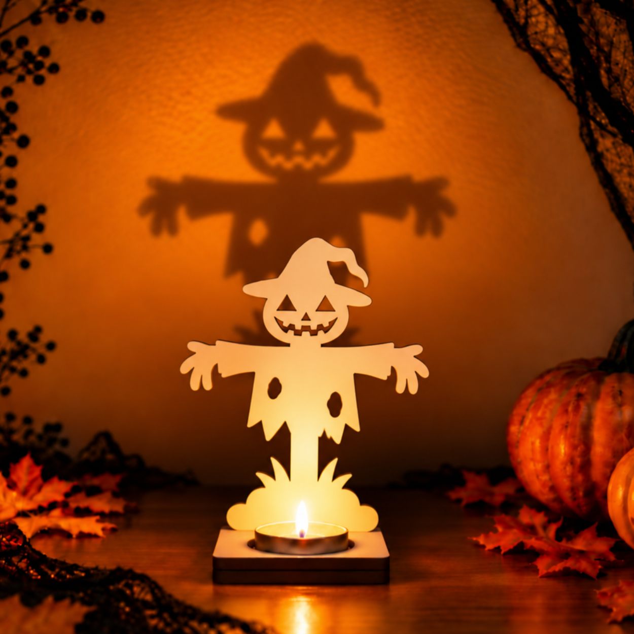 Portavelas de madera para Halloween modelo espantapájaros con vela y sombra