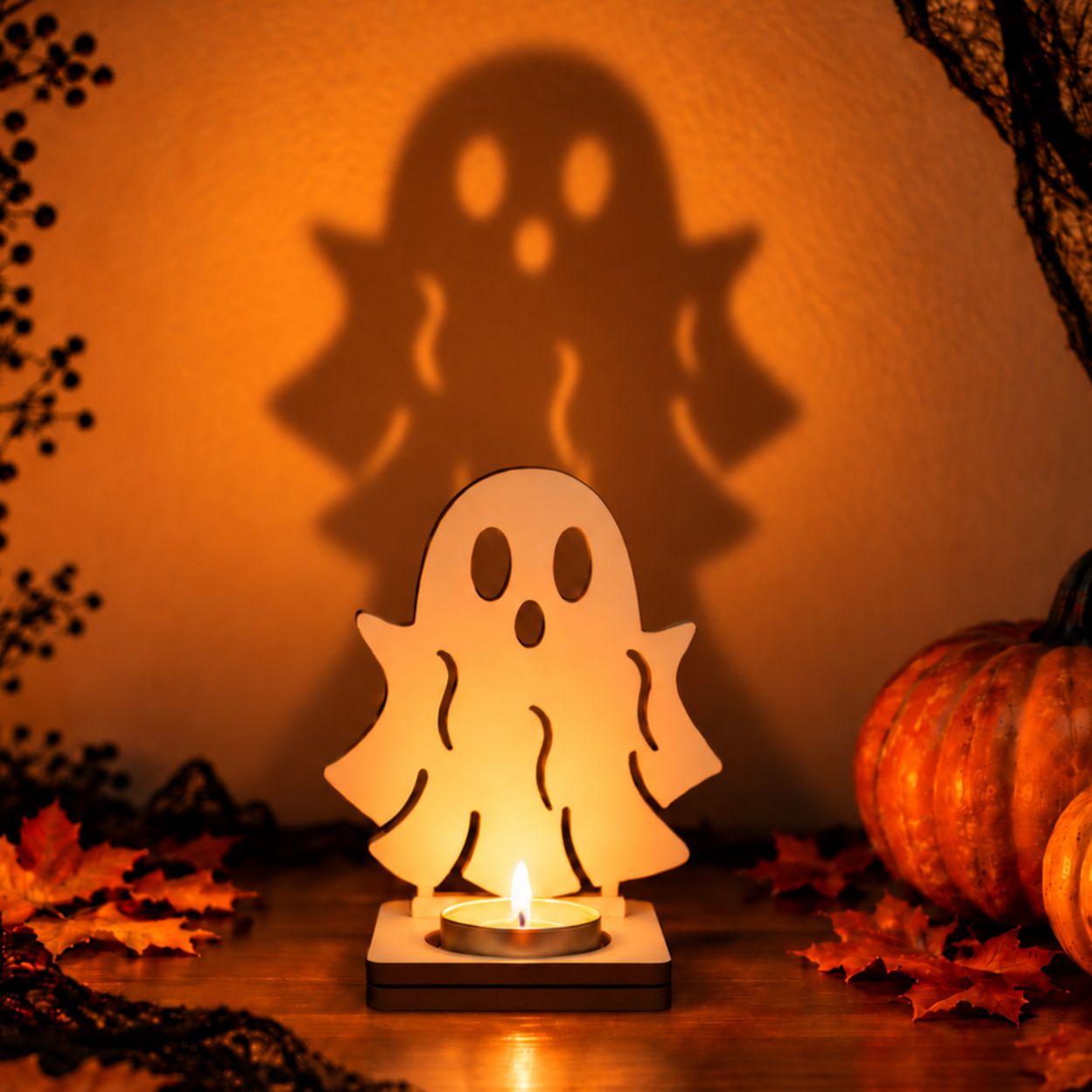 Portavelas Halloween de madera modelo fantasma con vela y sombra proyectada