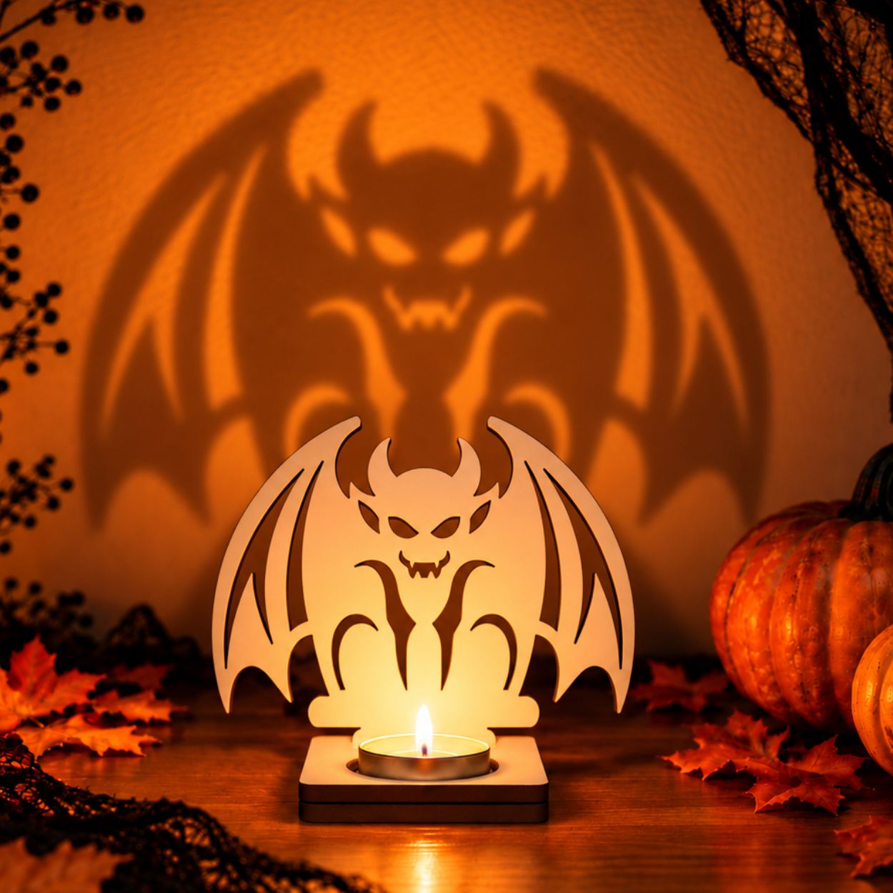 Portavelas Halloween de madera modelo murciélago con vela y sombra en la pared