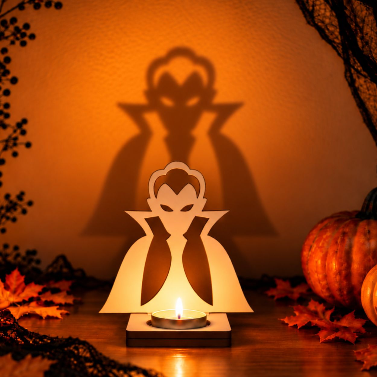 Portavelas de Halloween modelo vampiro en madera con vela y efecto de sombra
