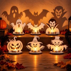 Portavelas Halloween de Madera con Vela y Sombra