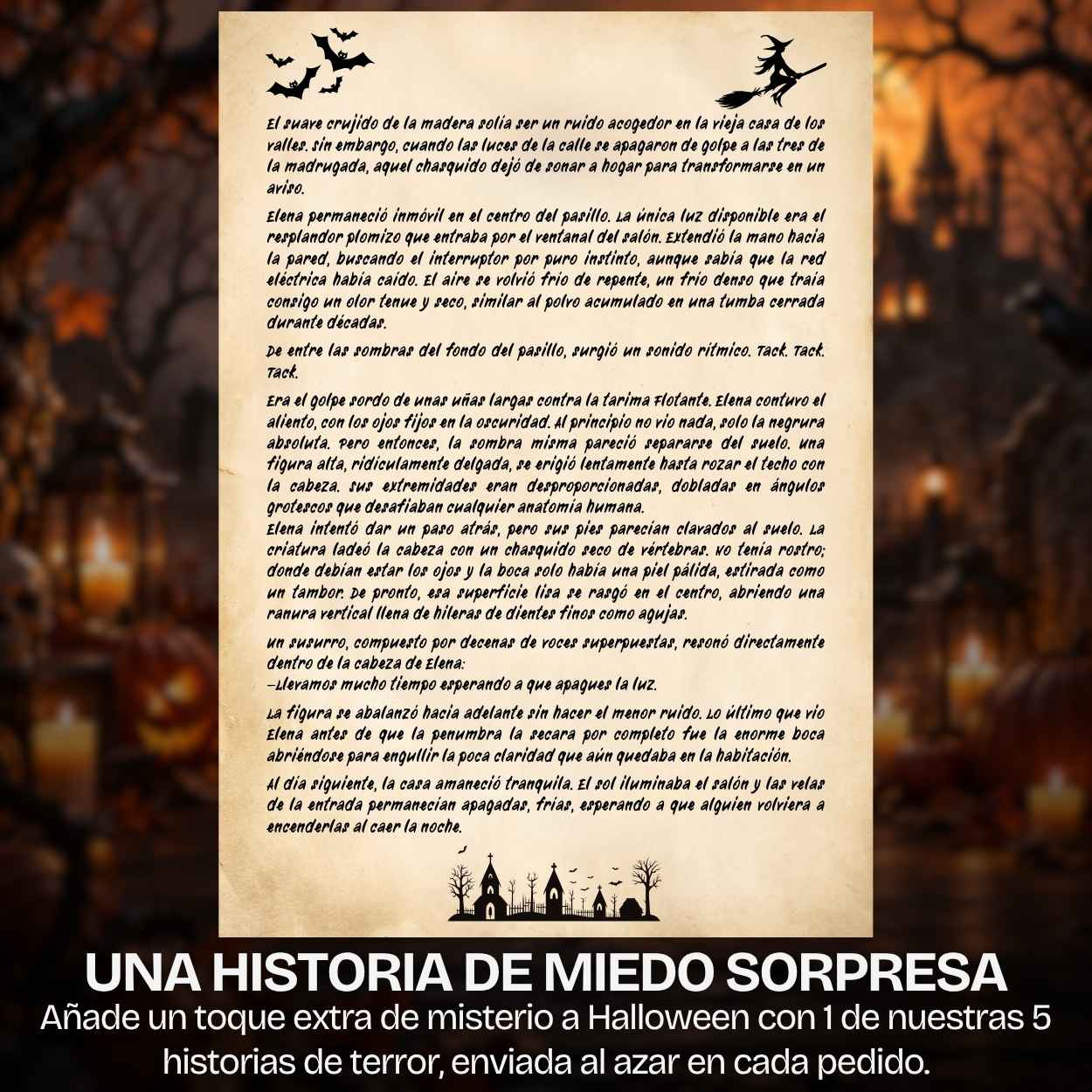 Historia de miedo impresa en papel pergamino como extra para portavelas Halloween