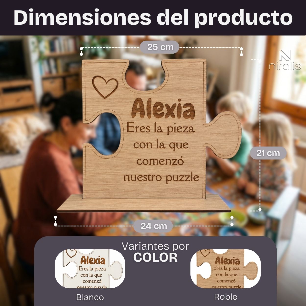 Medidas de pieza de puzzle personalizada de madera