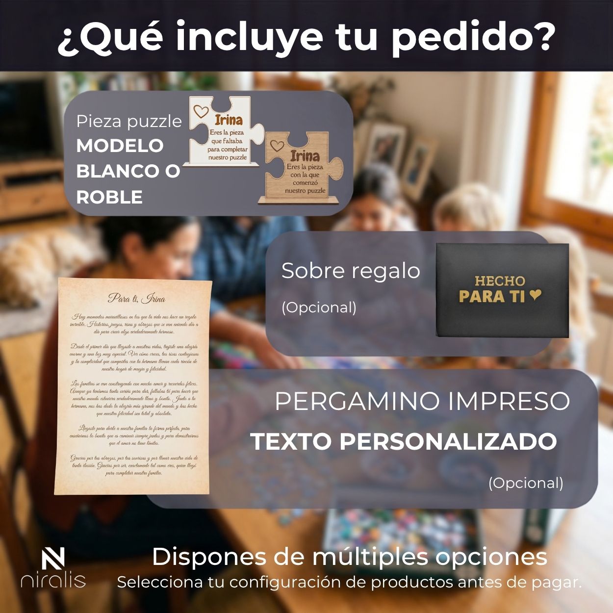 Contenido de la pieza puzzle personalizada de madera