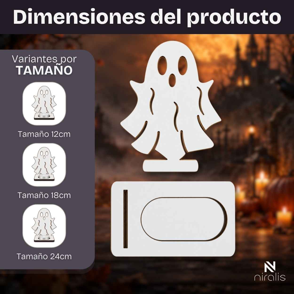 Portavelas Halloween de madera disponible en tamaños 12, 18 y 24 cm